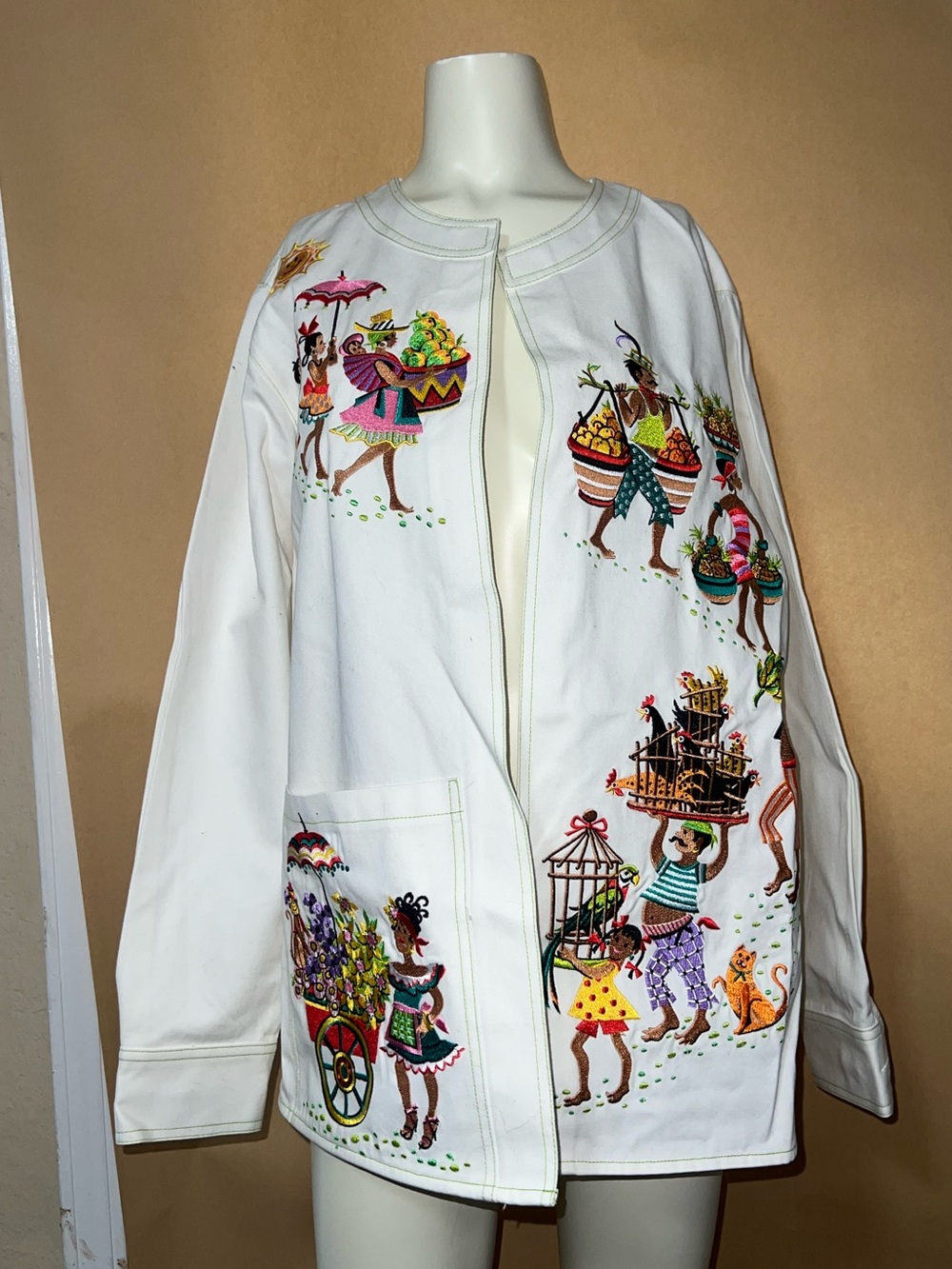 Bob Mackie White Embroidered Market-Scene Jean Jacket